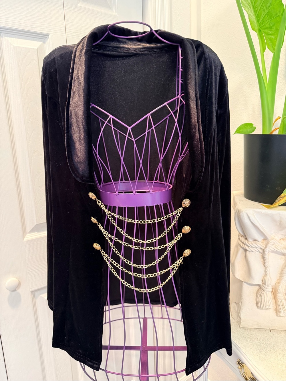 Black Velvet Draped Open Front Cardigan/shorts with Gold Chain Detail